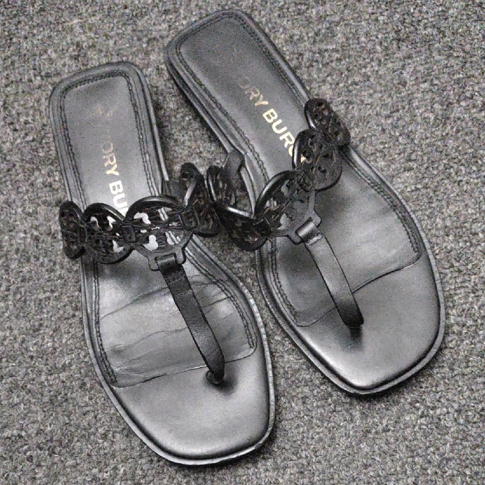 Tory Burch "Tiny Miller"Black Leather Thong Sandals